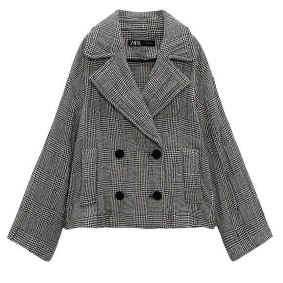 ZARA Checkered Double Breasted Quilted Oversized Short Coat - Picture 6 of 17